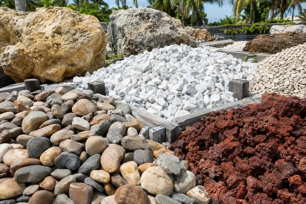 Bulk river rock, white marble chips, red lava rock and boulders